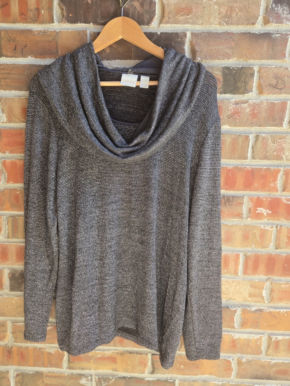Chico's Charcoal Gray Cowl Neck Lightweight Sparkley Top Festive Comfort